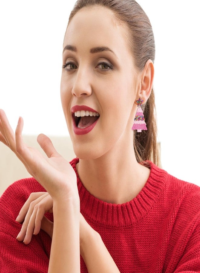 أقراط شجرة عيد الميلاد للنساء، أقراط أكريليك لامعة لعيد الميلاد، أقراط خفيفة الوزن، أقراط مرحة ولطيفة للعطلات، أقراط متدلية لعيد الميلاد (لون وردي) - Image 3